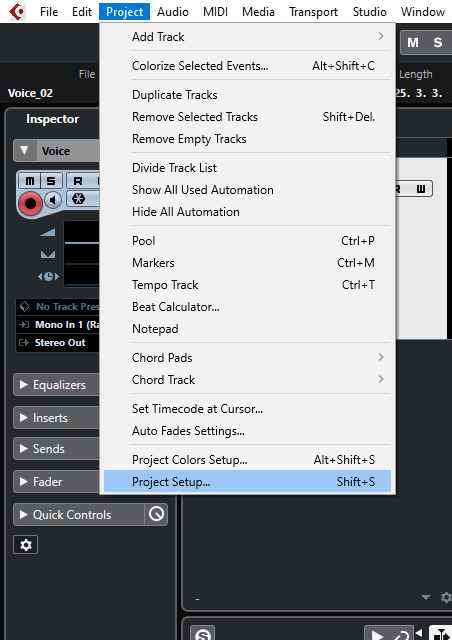 Cubase menu project setup