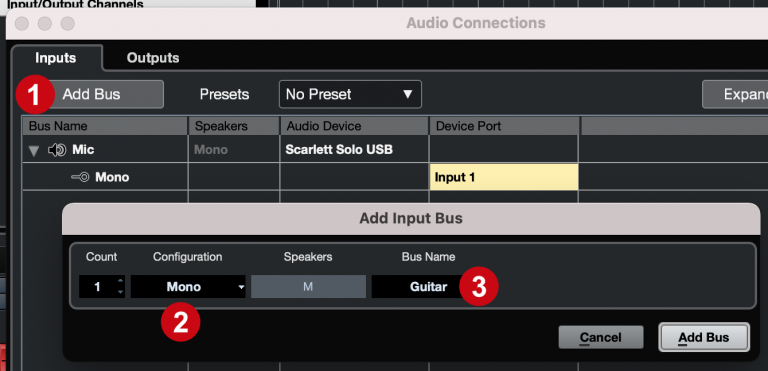 Cubase - Audio connections inputs add bus mono (Guitar)