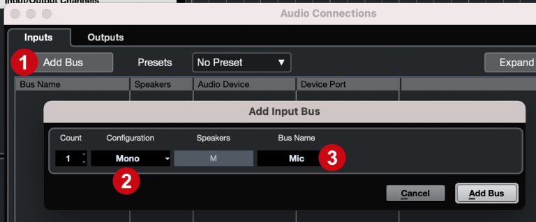 Cubase - Audio connections inputs add mono bus