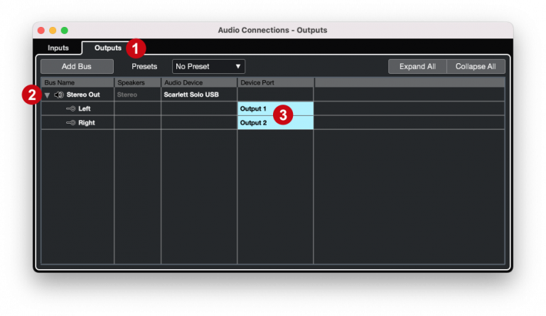 Cubase - Audio connections outputs